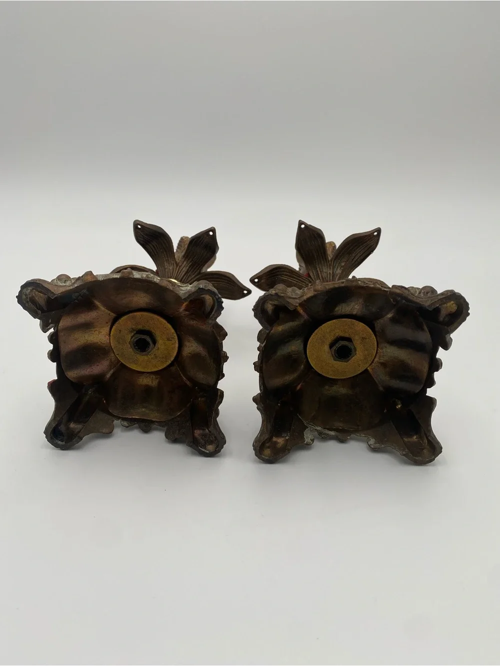 Vintage Floral Metal Candle Holders Bronze Gold Textured Metallic Square Base